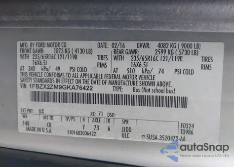 2016 Ford Transit-350 Xlt from USA, damaged, VIN 1FBZX2ZM9GKA76422